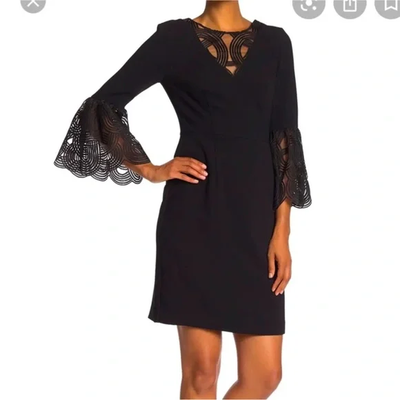 Trina Turk Luciana Lace Embroidered Bell Sleeve Sheath Black Dress Size 0 NWT - Picture 9 of 10